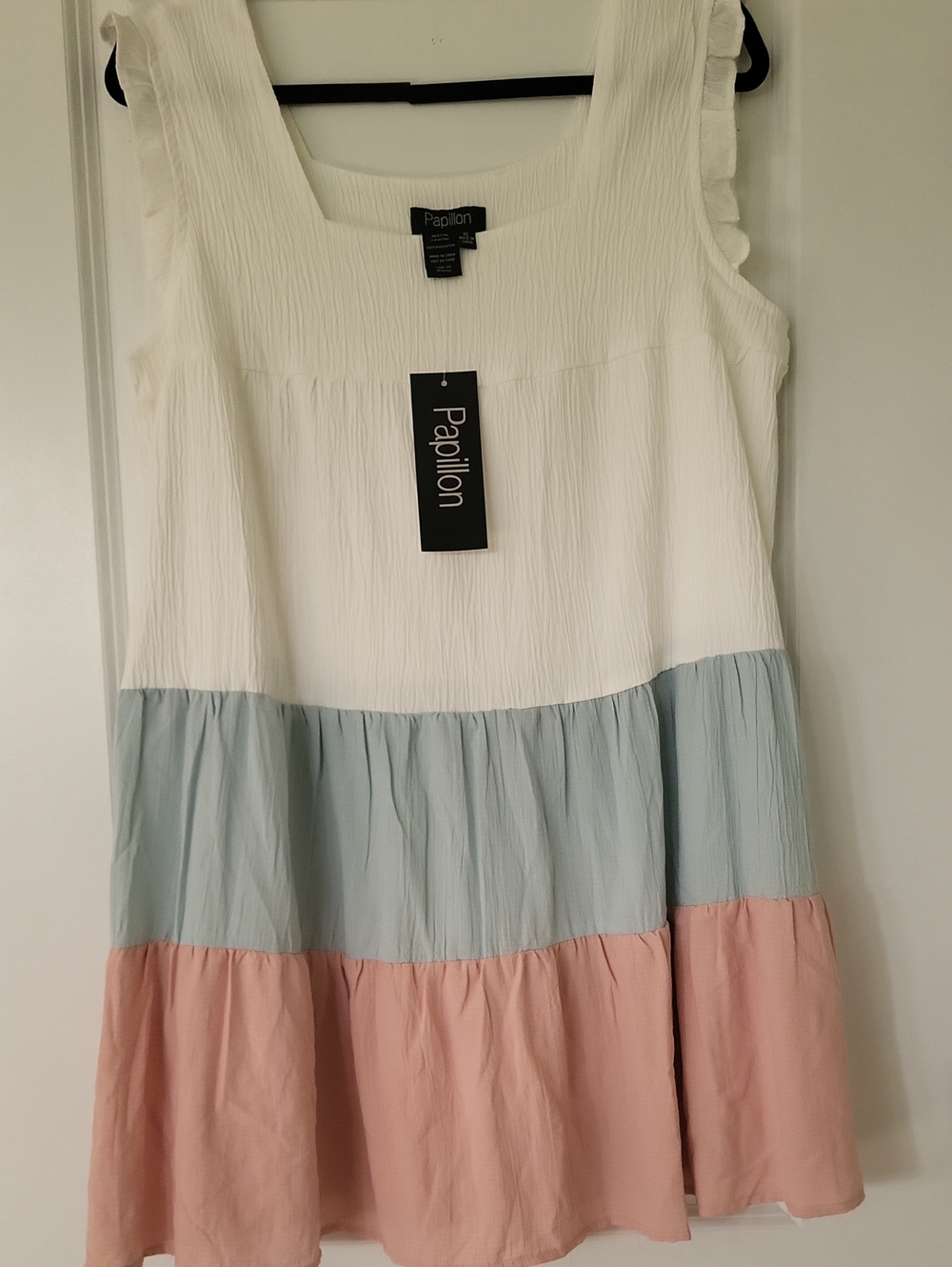 Papillon Blanc White, Light Blue & Blush Pink Tiered Mini Dress